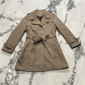 Calvin Klein Wool Blend Belted Coat Tan Button Front Womens Size 12